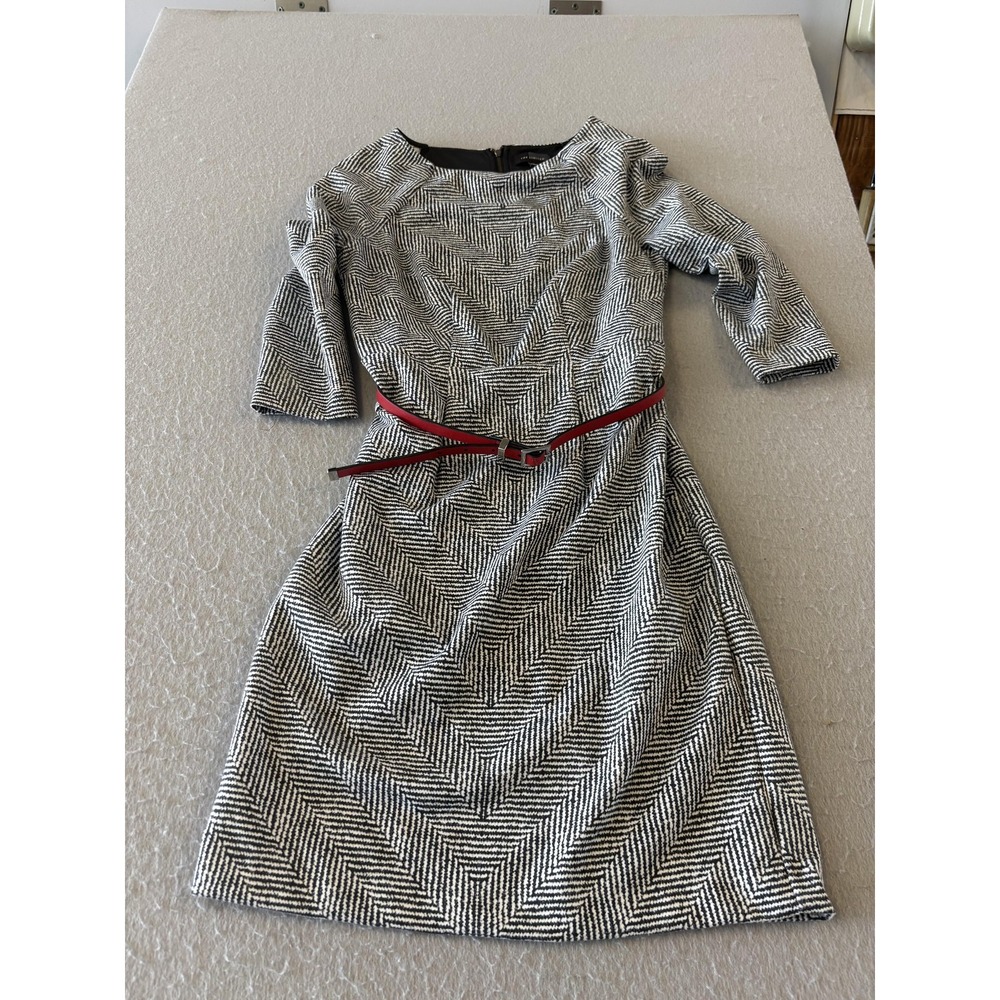 The Limited Dress Womens 2 Black White Chevron Jacquard Belted Sheath 3/4 Sleeve